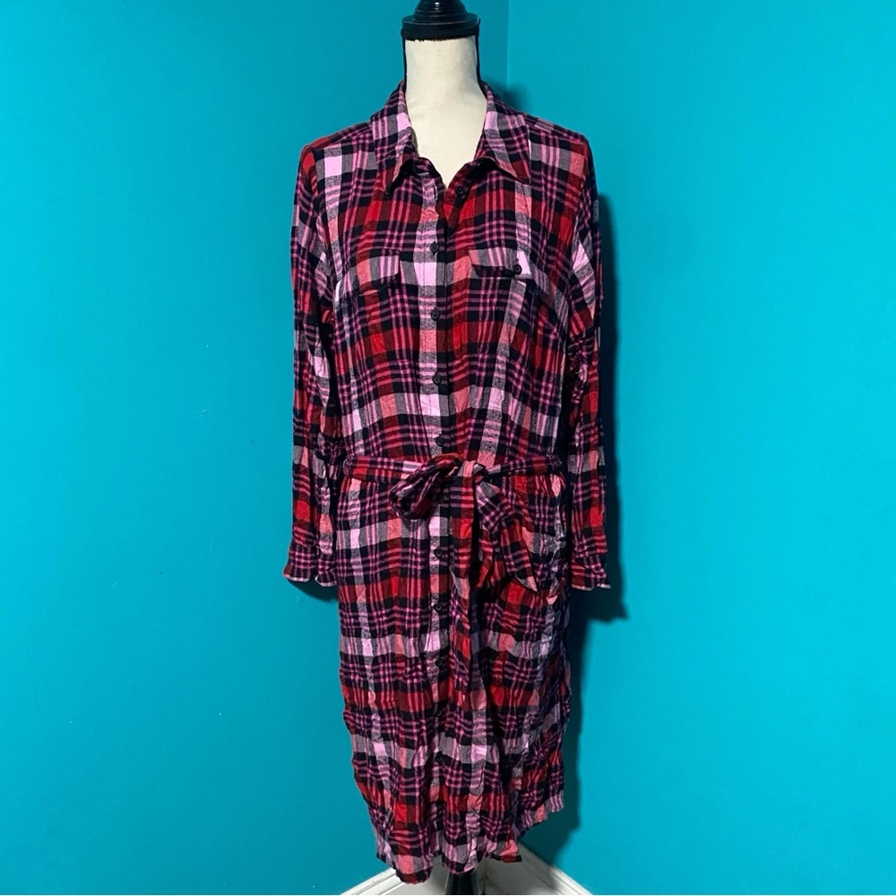 Lane Bryant 16 Pink Red Black Plaid Belted Long Sleeve Button Front Dress